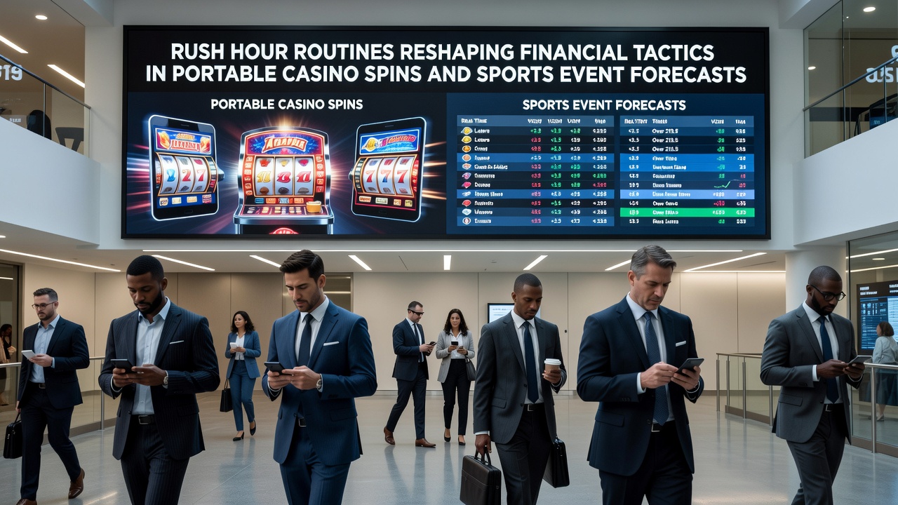Darstellung einer mobilen App-Oberfläche mit Sportwetten und Casino-Spins während einer Rush-Hour-Situation