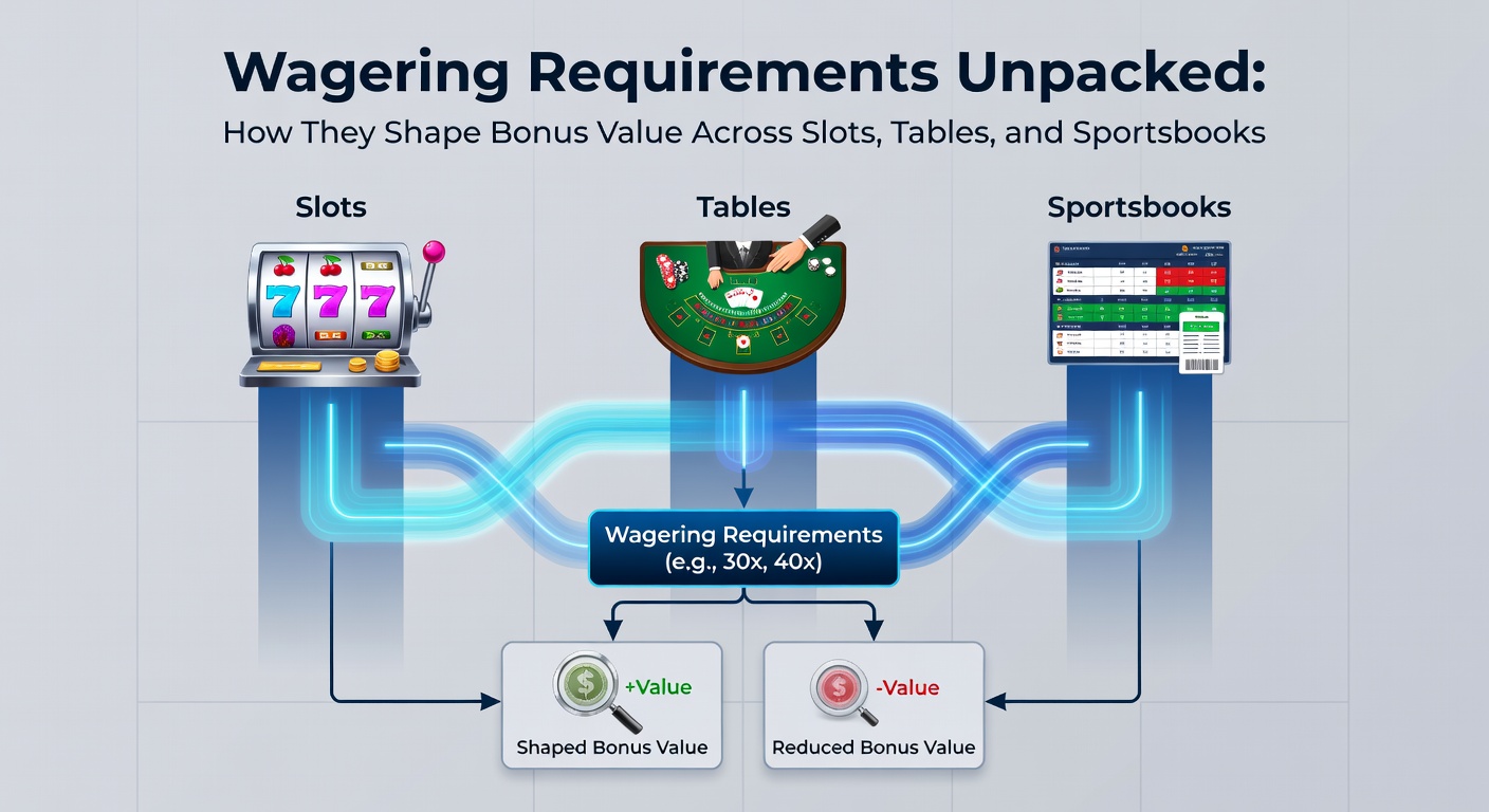 Grafik, die Umsatzbedingungen als Kette darstellt, die Boni an Wettvolumen bindet, mit Symbolen für Slots, Tische und Sportwetten